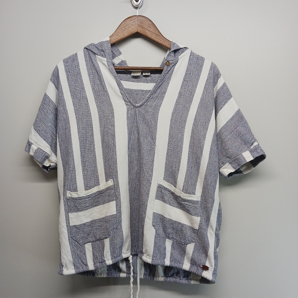 Roxy Hooded Top Women Size XS Blue White Stripes Short Sleeve Front Pocket